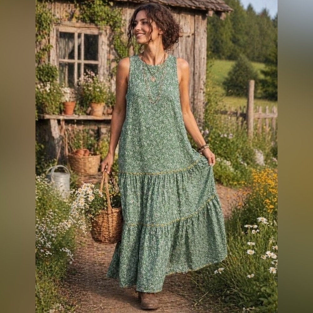 J. Jill Green Floral Tiered Maxi Dress